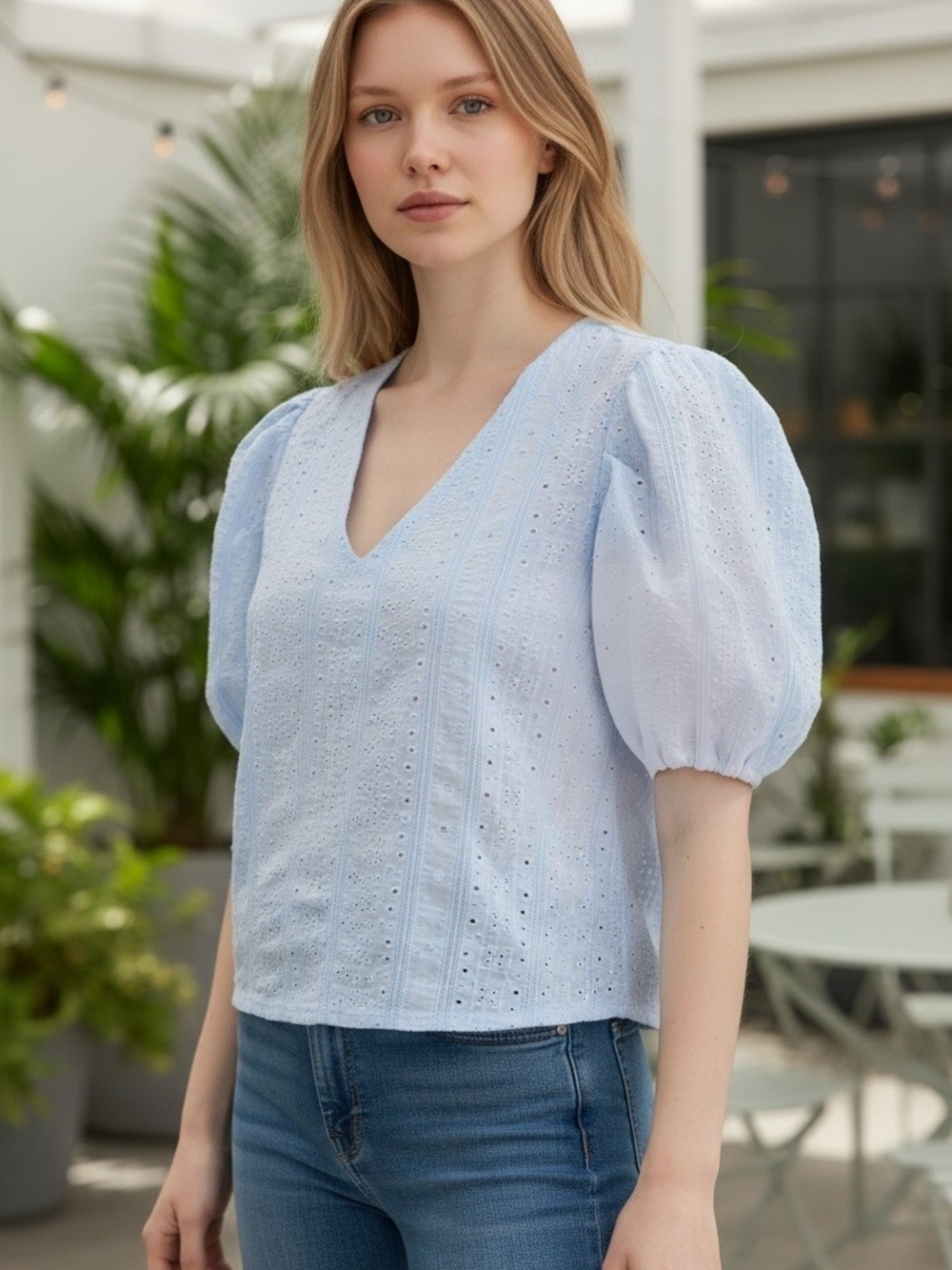 Able Light Blue Eyelet V-Neck Puff Sleeve Blouse